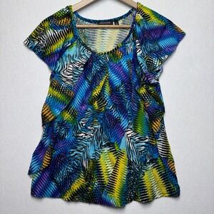 Notations Abstract Zebra‎ Print Flutter Sleeve Top Blue Green Yellow Size L